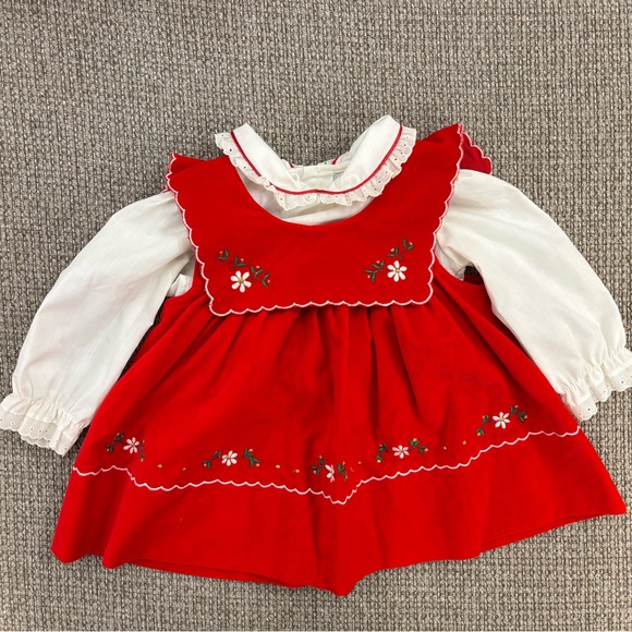 Other - Vintage Red Velvet Baby Dress Set 12M Embroidered Heirloom Floral Outfit